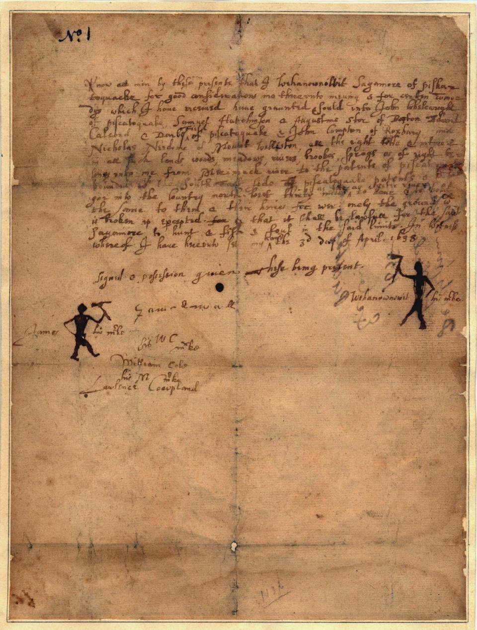 The Wheelwright Deed, drafted by the Reverend John Wheelwright in 1638 and signed, with pictographs, by Sagamore Wehanonowit and a man known as ‘James.’ Abanaki peoples were proficient in making treaties, agreements and trade decisions, but it is unlikely that the Englishmen and Squamscotts had the same understanding of this document.