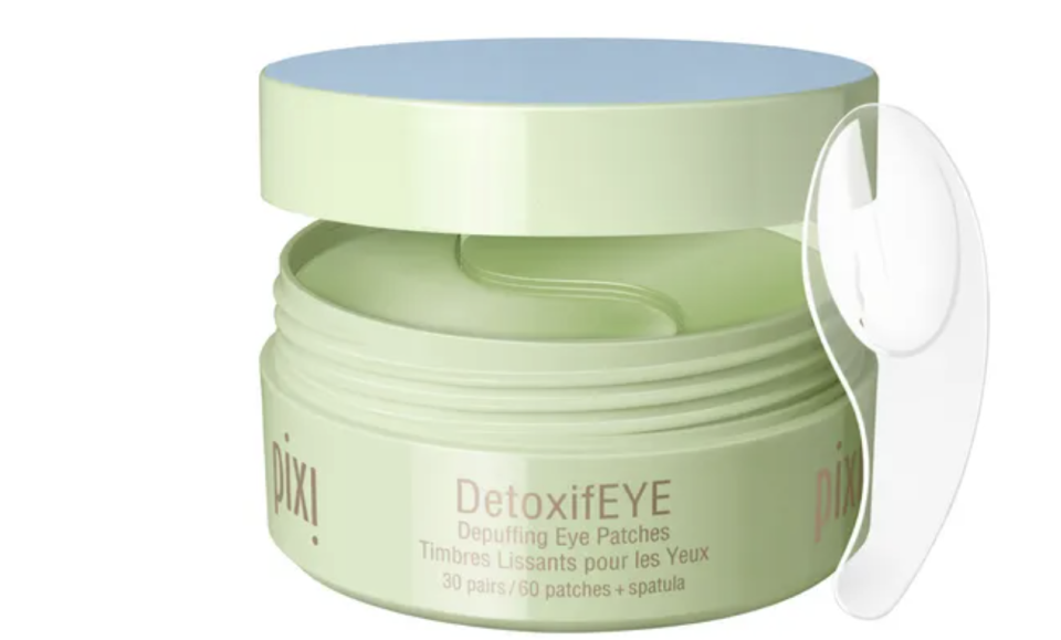 Pixi DetoxifEYE eye patches in green packaging and a spatula