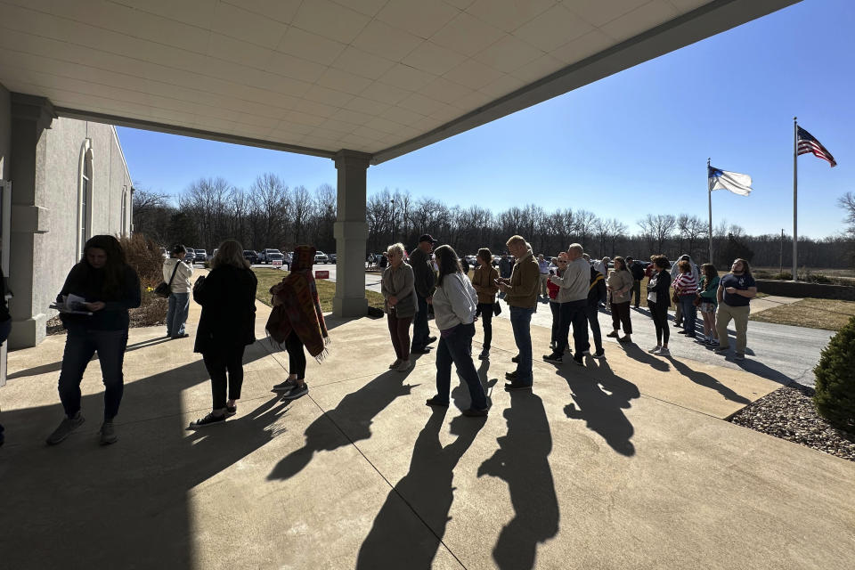 /// Missouri voters gather Saturday, March 2, 2024, at the Family Worship Center of Columbia, Mo., to caucus for the Republican presidential nominee. (AP Photo/Summer Ballentine)