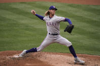 Texas Rangers starting pitcher Mike Foltynewicz throws against the Los Angeles Angels during the first inning of a baseball game, Wednesday, April 21, 2021, in Anaheim, Calif. (AP Photo/Jae C. Hong)