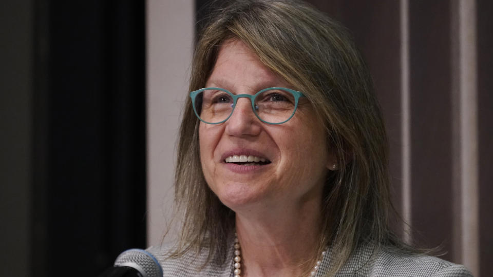 Sally Kornbluth smiles while addressing a group at a community gathering, Thursday, Oct. 20, 2022, in Cambridge, Mass. Kornbluth, a cell biologist who has spent the past eight years as provost at Duke University, was named president of the Massachusetts Institute of Technology on Thursday. (AP Photo/Charles Krupa)