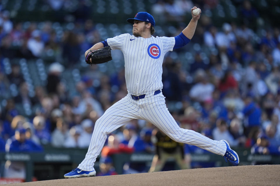 CORRECTS TO JUSTIN STEELE NOT JUSTINE STEELE - Chicago Cubs starting pitcher Justin Steele throws agains the San Diego Padres during the first inning of a baseball game Monday, May 6, 2024, in Chicago. (AP Photo/Erin Hooley)