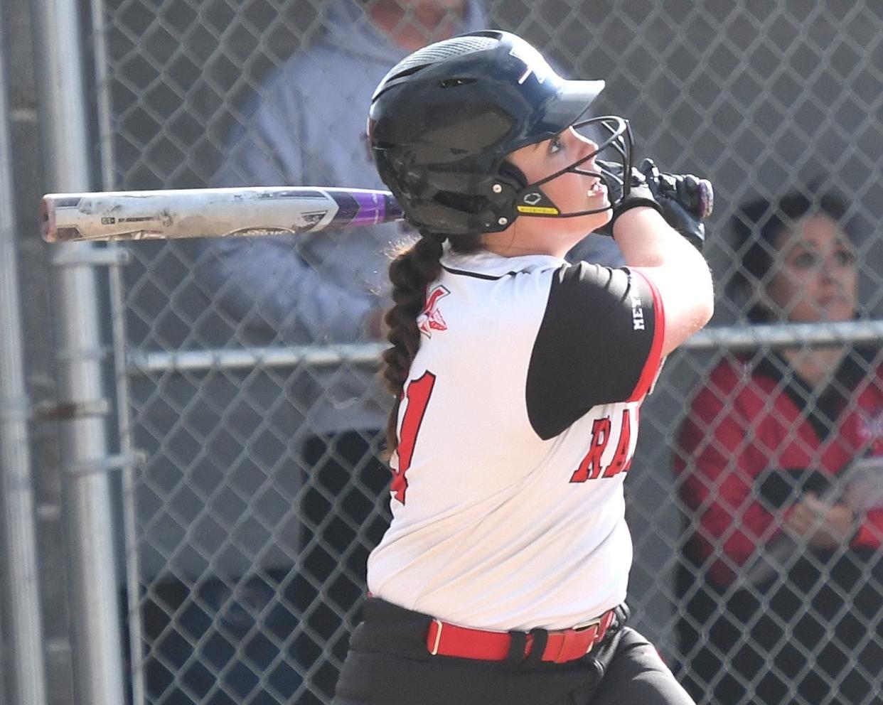 Meyersdale's Laurel Daniels watches her fourth-inning 3-run homer against Berlin Brothersvalley during an Inter-County Conference softball matchup, April 25, in Meyersdale.