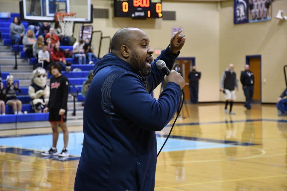 Chambersburg AD Ron Coursey speaks to the crowd at the Hoops for Harmony event, which took place at Chambersburg Field House on January 14-16