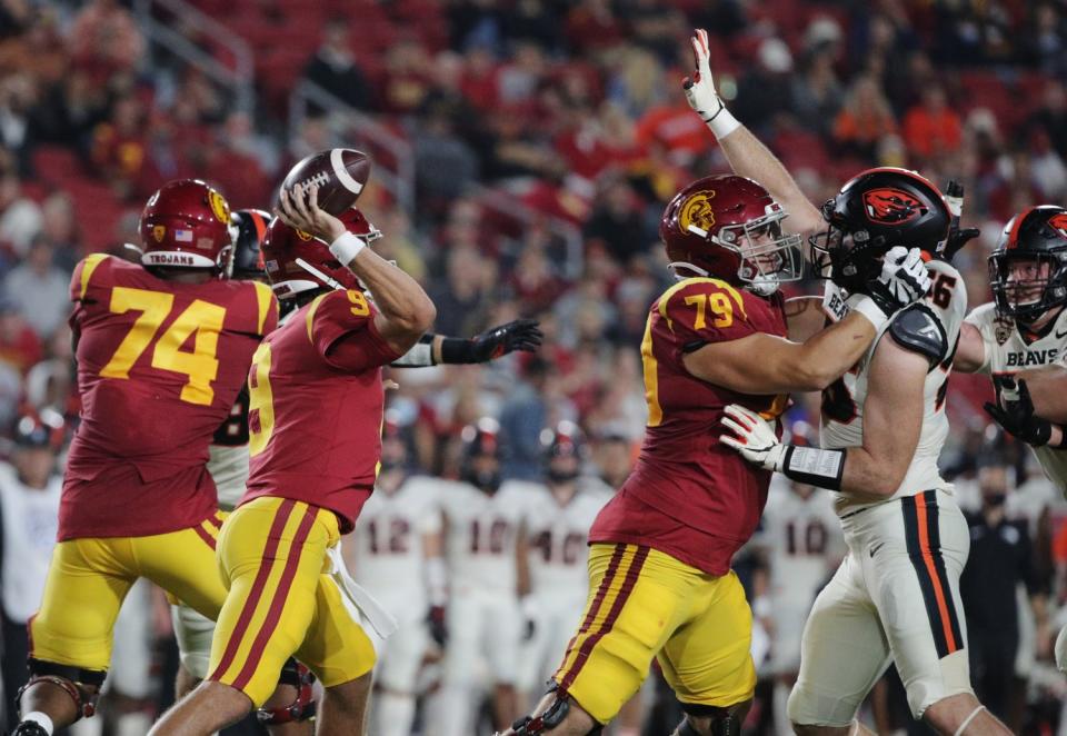 USC's Jonah Monheim protects quarterback Kedon Slovis.