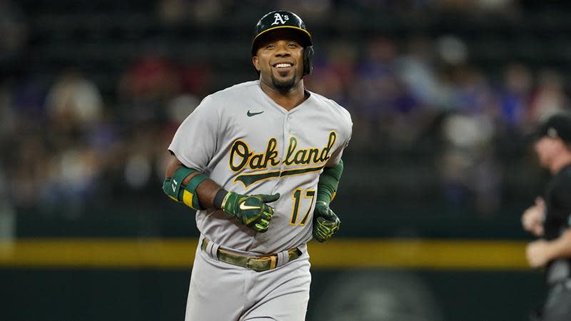 Oakland Athletics’ Elvis Andrus runs the bases after hitting a two-run home run during the seventh inning of the team’s baseball game against the Texas Rangers in Arlington, Texas, Tuesday, Aug. 16, 2022. (AP Photo/Tony Gutierrez)