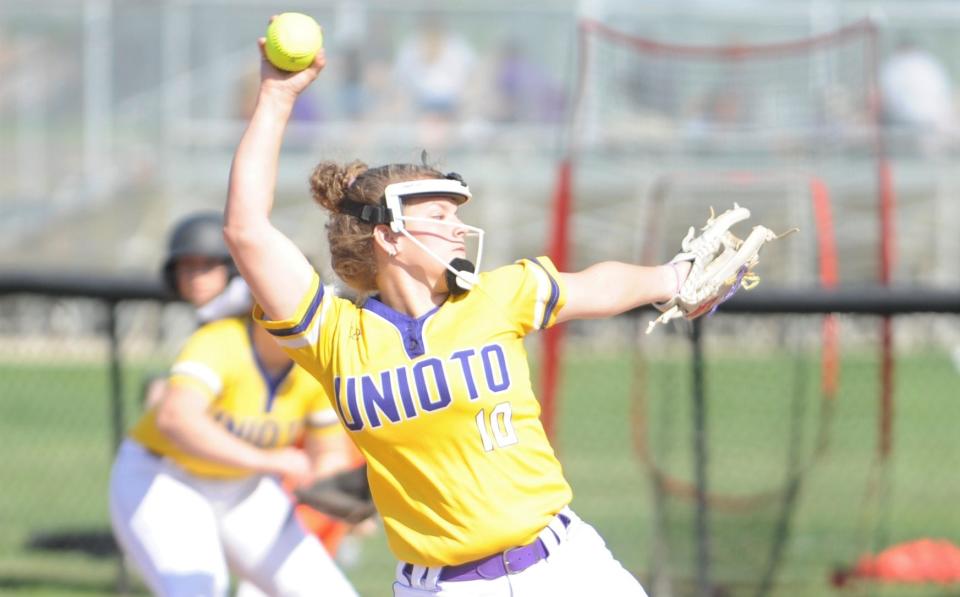 Unioto pitcher Hannah Hull (#10) winds up during the Shermans 3-0 win over Waverly in the Division II sectional finals on May 10, 2023.