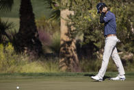 Kevin Kisner reacts after missing a putt in the ninth hole during the second round of the CJ Cup golf tournament at the Summit Club in Las Vegas, Friday, Oct. 15, 2021. (Erik Verduzco/Las Vegas Review-Journal via AP)