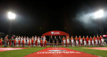 Soccer Football - 2018 World Cup Qualifications - Europe - Montenegro vs Denmark - Podgorica City Stadium, Podgorica, Montenegro - October 5, 2017 Montenegro and Denmark line up before the match REUTERS/Stevo Vasiljevic