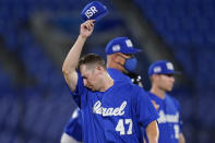 Israel pitcher Alexander Katz walks off the mound during a baseball game against South Korea at the 2020 Summer Olympics, Thursday, July 29, 2021, in Yokohama, Japan. (AP Photo/Sue Ogrocki)