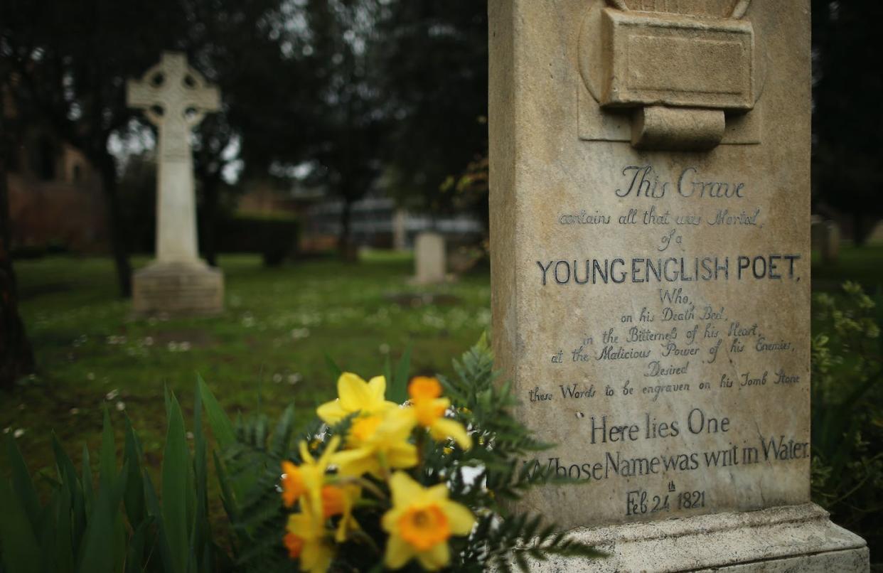 <span class="caption">The gravestone of John Keats in Rome's 'non-Catholic' cemetery.</span> <span class="attribution"><a class="link " href="https://www.gettyimages.com/detail/news-photo/the-gravestone-of-poet-john-keats-stands-in-romes-non-news-photo/164684187?adppopup=true" rel="nofollow noopener" target="_blank" data-ylk="slk:Dan Kitwood/Getty Images;elm:context_link;itc:0;sec:content-canvas">Dan Kitwood/Getty Images</a></span>