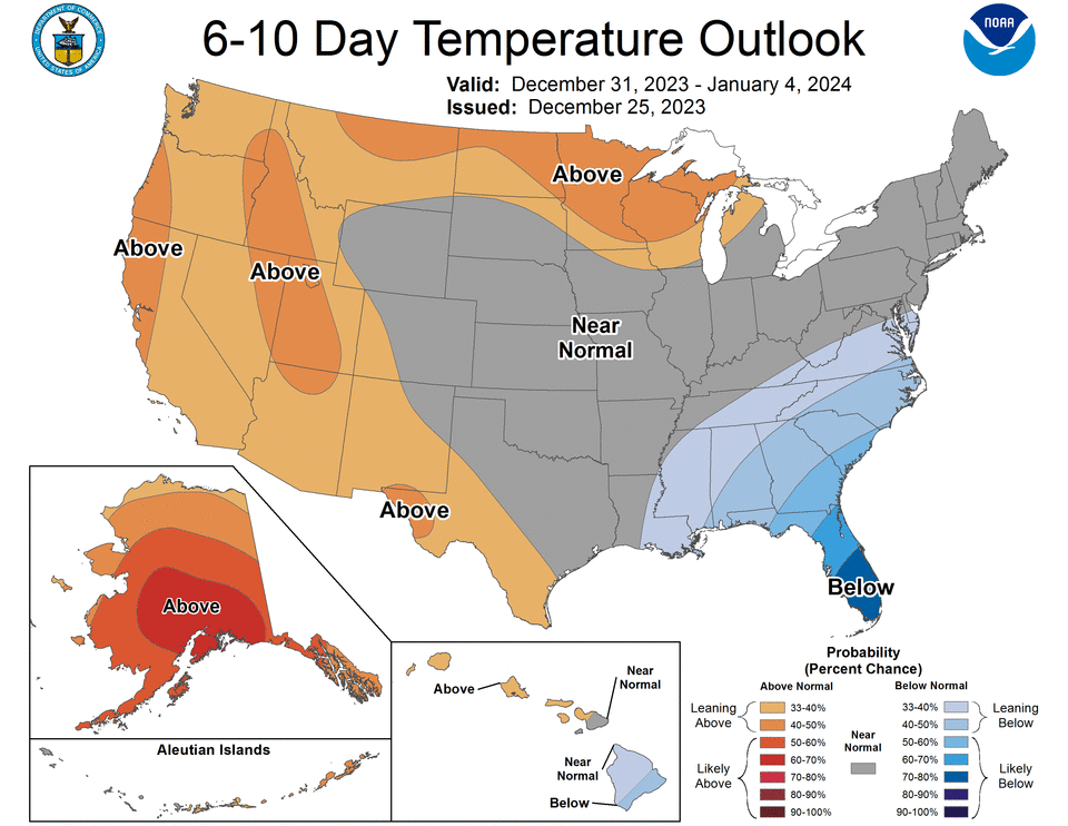 National Weather Service temperature forecast for Dec. 31 2023 to Jan. 4, 2024.