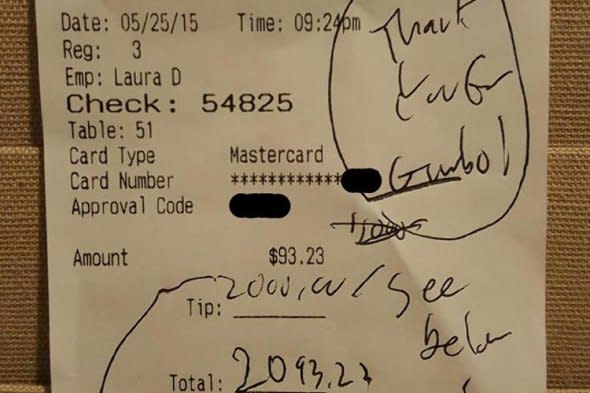 The receipt with the $1,500 tip.