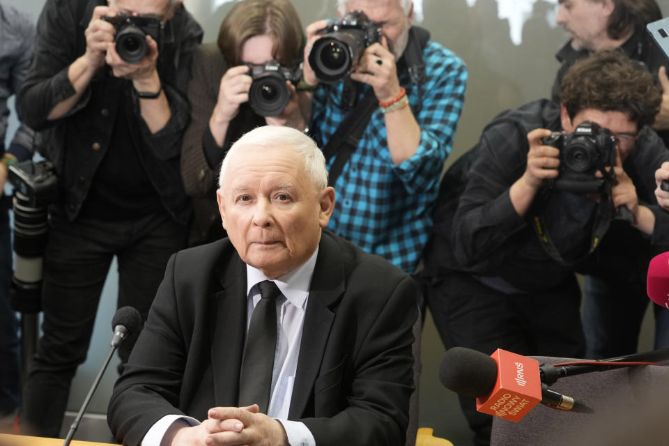 Poland's main opposition leader, Jaroslaw Kaczynski is questioned by a parliamentary commission at the parliament building, in Warsaw, Poland, Friday, March 15, 2024. Kaczynski appeared before a special parliamentary committee Friday to testify about the purchase and allegedly illegal use of advanced spyware by a government headed by his Law and Justice Party. The NSO Group's Pegasus spyware was used to spy on mobile devices belonging to opponents of the party. Recent findings suggest it was also used to eavesdrop on some key members of the right-wing party, as well. (AP Photo/Czarek Sokolowski)