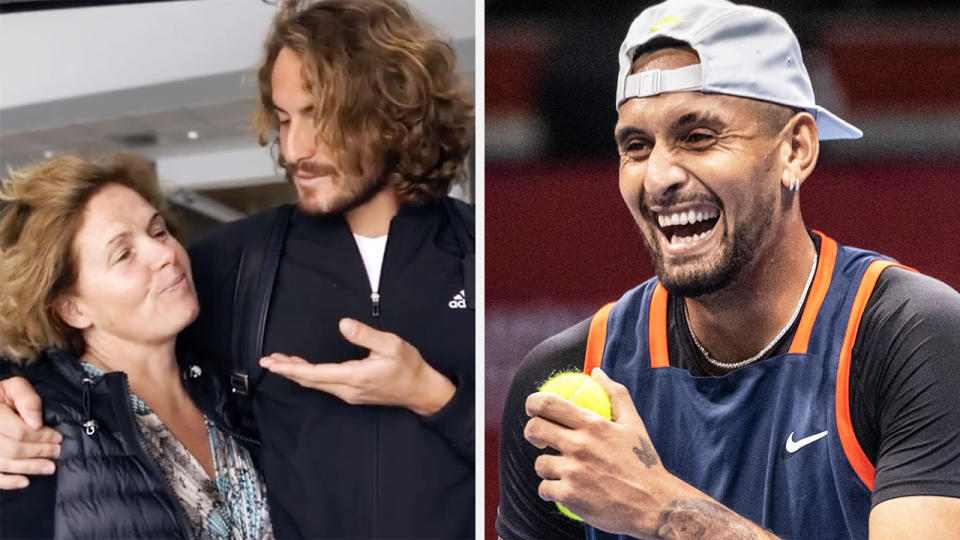 Stefanos Tsitsipas and his mother, Julie Apostoli, are pictured left, with Nick Kyrgios laughing on the right.