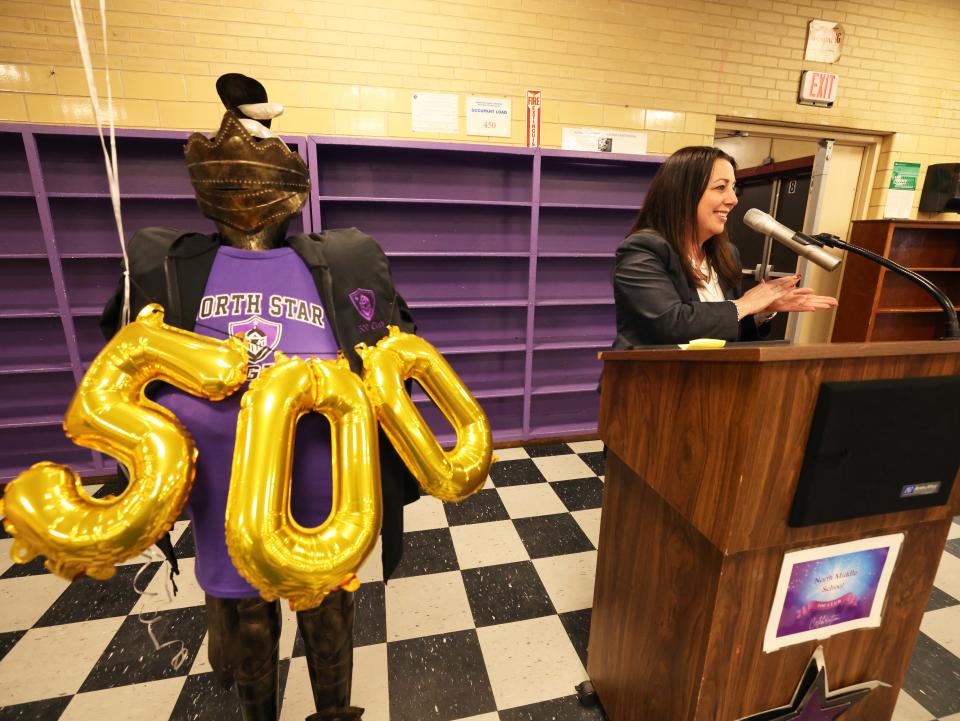 Principal Alison Ramsay welcomes North Middle School 500 Club members to a celebration on Tuesday, April 2, 2024. The Brockton middle school's club recognizes seventh and eighth graders who achieved a score of 500 or more on their MCAS math and English tests.