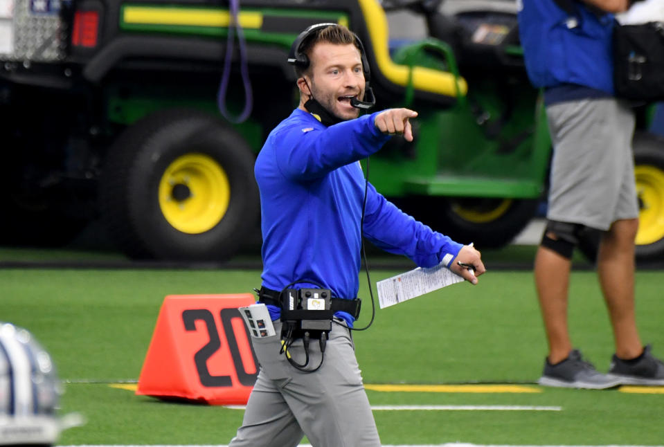 Head coach Sean McVay of the Los Angeles Rams reacts against the Dallas Cowboys.