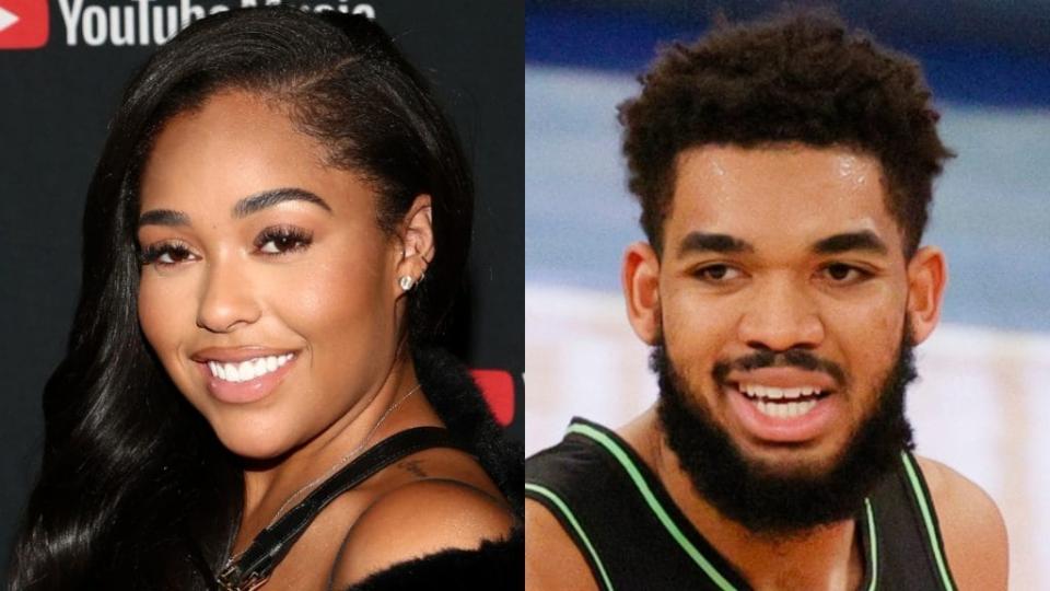 Jordyn Woods (left) reportedly gifted her boyfriend, Minnesota Timberwolves player Karl-Anthony Towns (right), a portrait of his late mother, Jacqueline, who died of COVID-19 last year. (Photos by Tommaso Boddi/Getty Images and Sarah Stier/Getty Images)