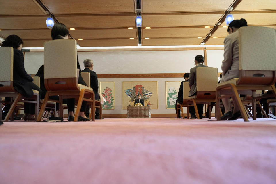 Japan's Emperor Naruhito, center, speaks during a press conference at the Imperial Palace in advance of his visit to Britain, Wednesday, June 19, 2024, in Tokyo. (AP Photo/Eugene Hoshiko, Pool)