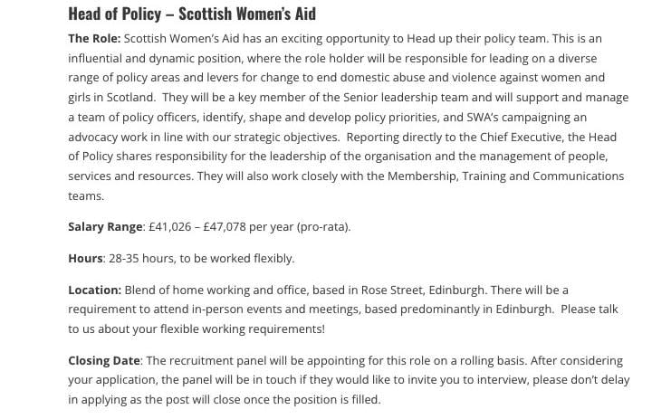 Scottish Women's Aid's job advertisement for a head of policy