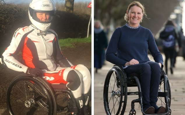 Claire Lomas will be competing in this year's London Marathon in her wheelchair - and in full motorcycling gear - Twitter/Jamie Lorriman 