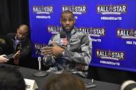 Feb 12, 2016; Toronto, Ontario, Canada; Eastern Conference forward LeBron James of the Cleveland Cavaliers (23) speaks during media day for the 2016 NBA All Star Game at Sheraton Centre. Bob Donnan-USA TODAY Sports