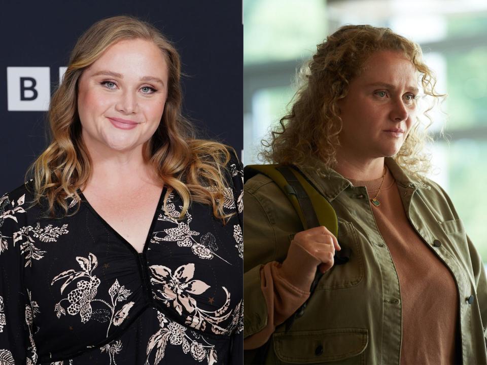 left: danielle macdonald smiling with her hair loosely curled wearing a black dress; right: danielle as helen in the tourist, wearing casual clothes and a backpack with her hair curled tightly