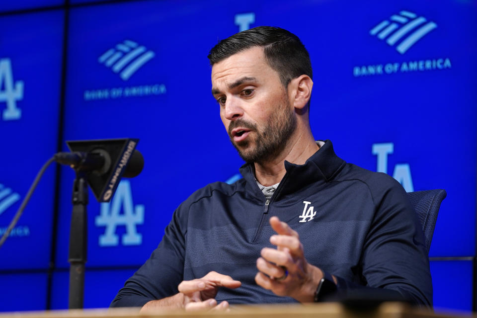 Los Angeles Dodgers General Manager Brandon Gomes speaks during a baseball news conference Tuesday, Oct. 18, 2022, in Los Angeles. (AP Photo/Mark J. Terrill)