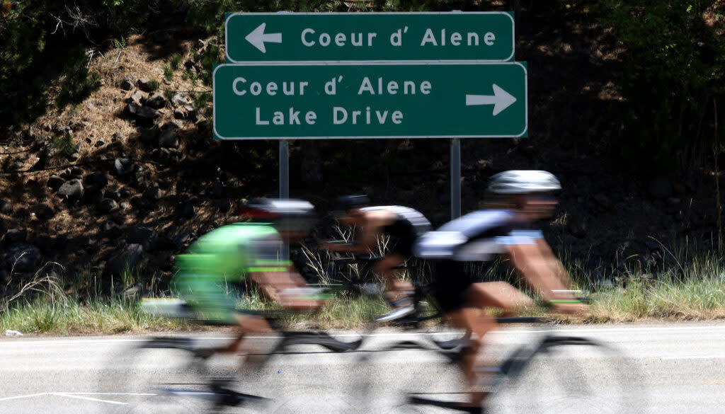 Competitors ride during IRONMAN Coeur d'Alene on June 27, 2021, in Coeur d'Alene, Idaho