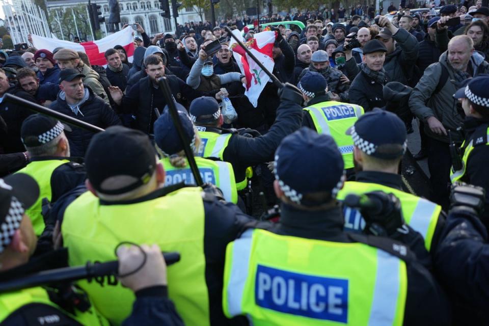 Counter-protesters clash with police in Parliament Square, central London, during the pro-Palestinian march (PA)