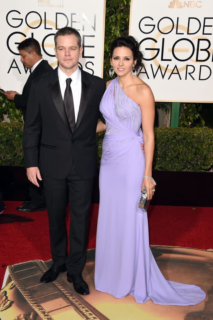 Best: Matt Damon, in Versace, and his wife, Luciana Barroso in a violet gown, at the 73rd Annual Golden Globe Awards. 