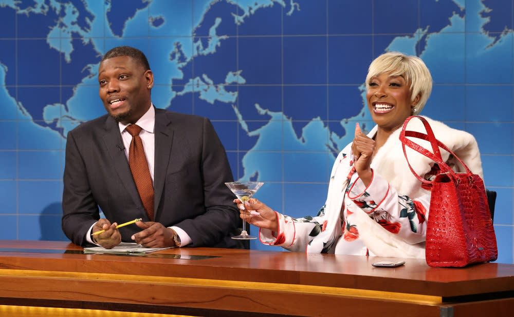  When does SNL come back? Pictured: SATURDAY NIGHT LIVE -- “Kate McKinnon, Billie Eilish” Episode 1852 -- Pictured: (l-r) Anchor Michael Che and Ego Nwodim as Rich Auntie with No Kids during Weekend Update on Saturday, December 16, 2023. 