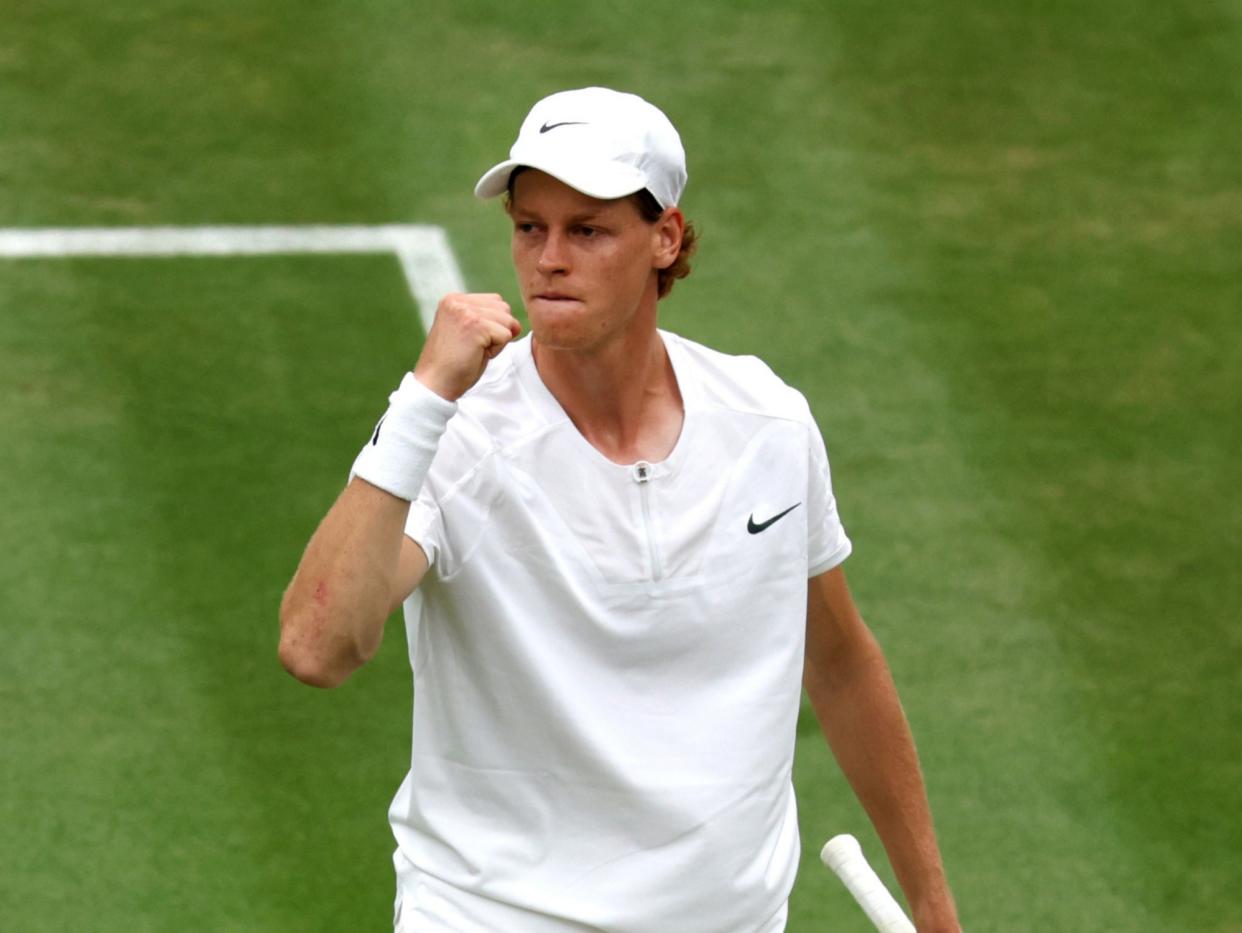 Jannik Sinner celebrates taking the first set against Russia’s Roman Safiullin (Getty Images)