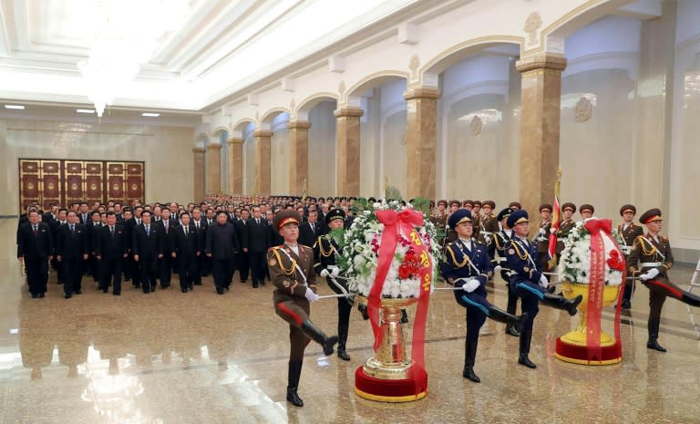 soldiers and officials including Kim paid their respects at his father's mausoleum, a sprawling palace on the outskirts of Pyongyang