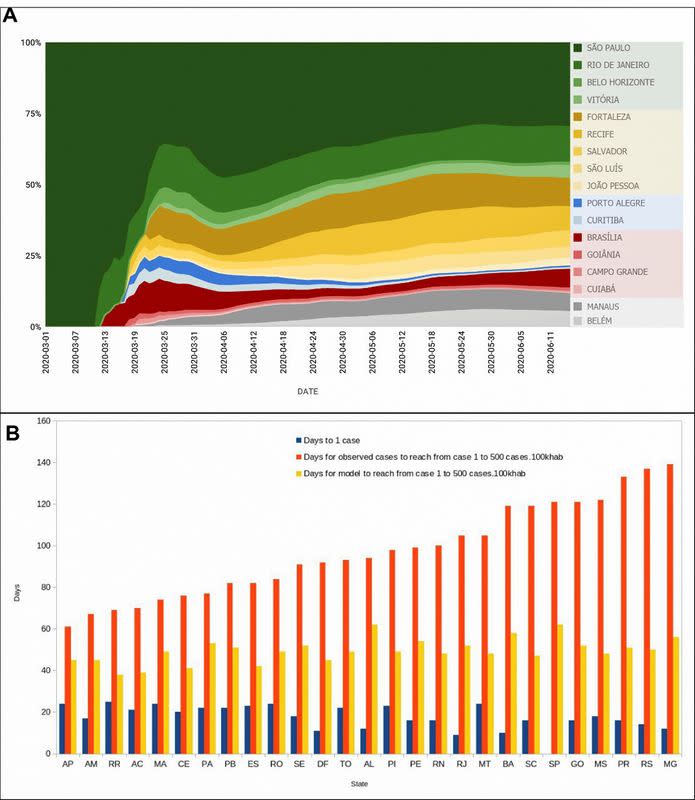 Graphs show the individual contribution of the Brazil's 17 state capital cities that were responsible for 98 percent of spreading of COVID-19 cases for the 5570 Brazilian municipalities, from March 1st to June 11th in this undated handout image