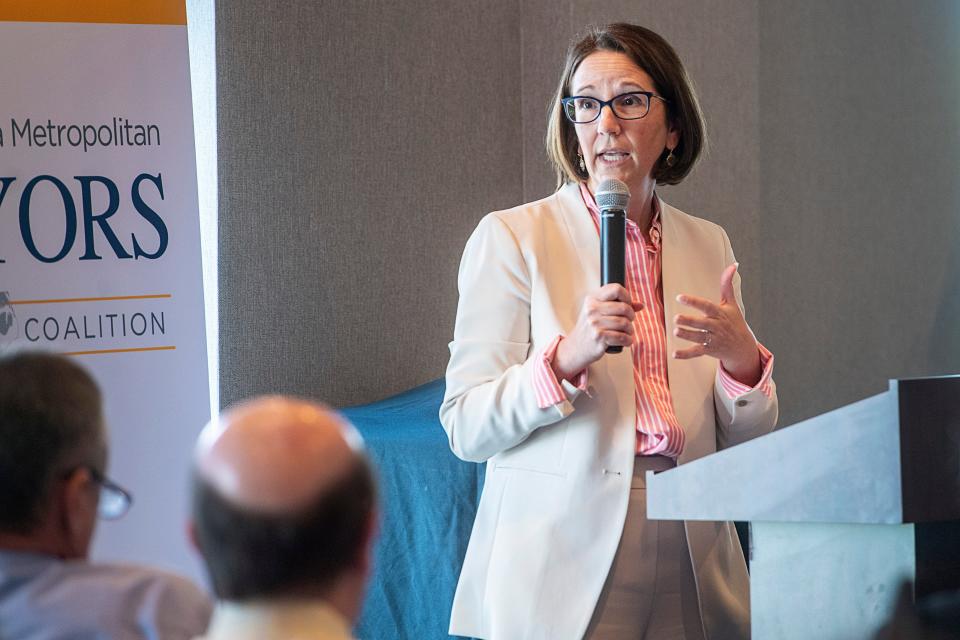 Julie White, NCDOT Deputy Secretary for Multimodal Transportation, speaks about plans for the Intercity Passenger Rail at an N.C. Metro Mayor Coalition meeting, September 20, 2023, in Asheville.