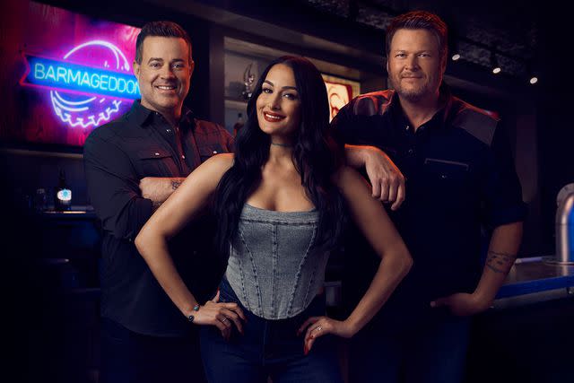 <p>NBC Universal</p> 'Barmageddon' cast including Carson Daly (left), Nikki Garcia (center), and Blake Shelton