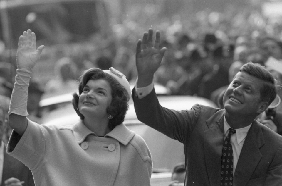 <p>Future First Lady Jackie Kennedy and her husband, future US President John F. Kennedy, smile and wave to supporters while on a campaign stop in New York, New York, October 1960. </p>