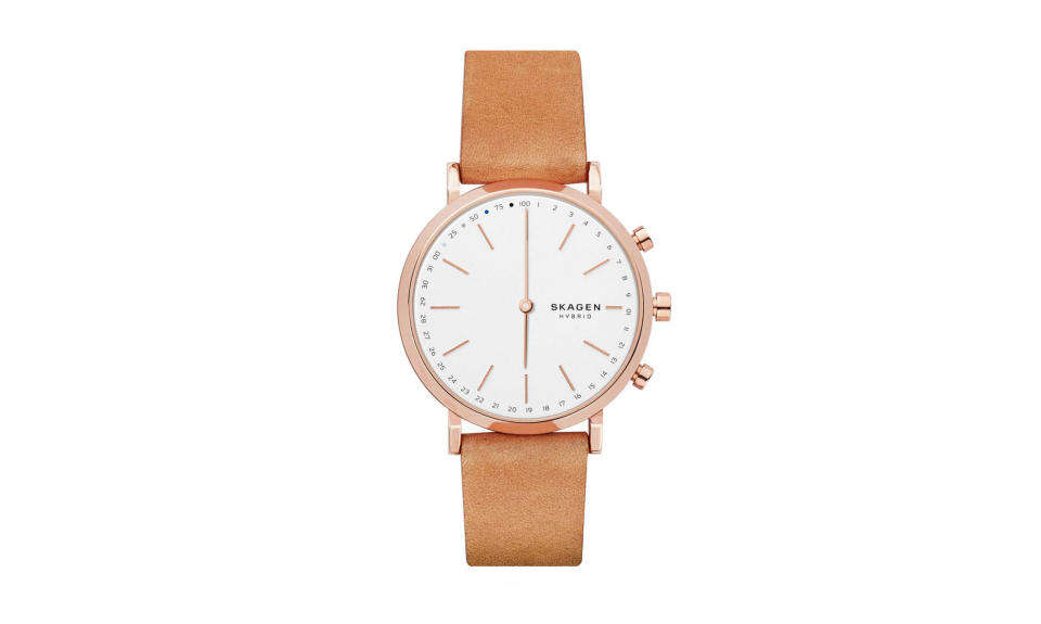 Skagen Hald Connected Leather Hybrid Smartwatch, $175, <a href="http://www.skagen.com/us/en/products/hald-connected-leather-hybrid-smartwatch-pdpskt1204p.html" rel="nofollow noopener" target="_blank" data-ylk="slk:skagen.com;elm:context_link;itc:0;sec:content-canvas" class="link ">skagen.com</a>