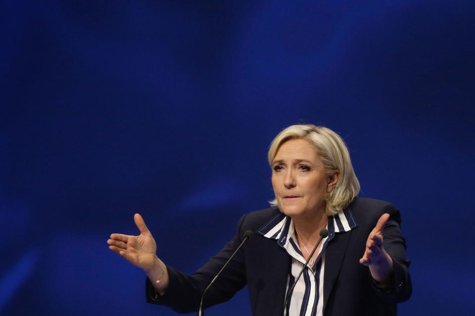 <p>French far-right leader and presidential candidate Marine Le Pen addresses supporters during an election campaign rally in Nice, southern France, Thursday April 27, 2017. After “the battle of Whirlpool,” when Marine Le Pen and Emmanuel Macron both went hunting for France’s blue-collar vote at a threatened home appliance factory, the presidential candidates clashed over fish as Le Pen boarded a fishing trawler, in a return to more traditional campaigning on Thursday. (AP Photo/Claude Paris) </p>