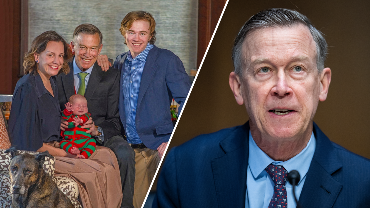 Sen. John Hickenlooper's holiday card featured wife Robin, their baby Jack and his 20-year-old son, Teddy. (Photos: Courtesy of Sen. John Hickenlooper; Getty Images)