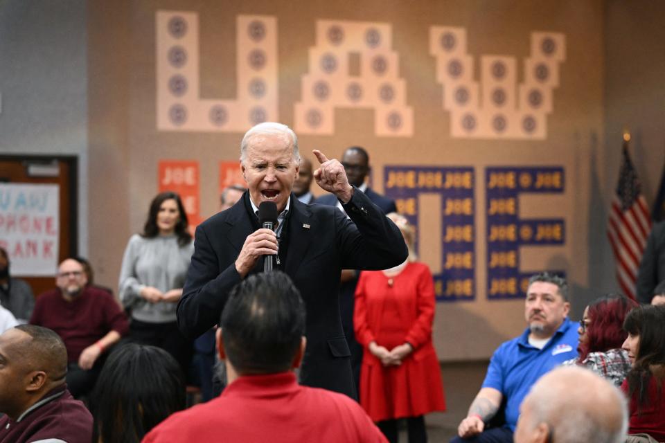 US President Joe Biden speaks during a visit to a United Auto Workers (UAW) phone bank in Warren on February 1, 2024.