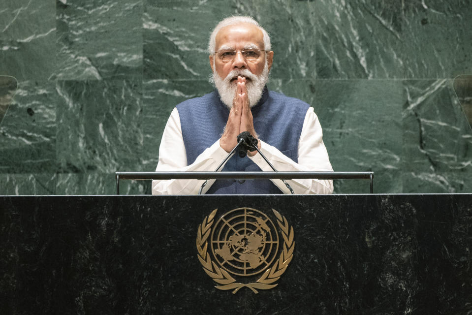 India's Prime Minister Narendra Modi addresses the 76th Session of the U.N. General Assembly at United Nations headquarters in New York, on Saturday, Sept. 25, 2021. (Eduardo Munoz /Pool Photo via AP)