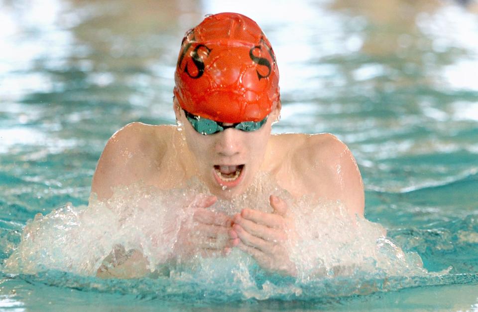 Springfield High School's Riley Herr swims the boys 200-yard individual medley during the Central State Eight Conference boys swimming and diving championship at Eisenhower Pool on Saturday, February 3, 2024.