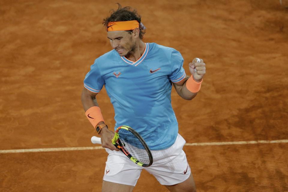 Rafael Nadal of Spain celebrates a point during the Madrid Open tennis men's semi-final match against Stefanos Tsitsipas of Greece in Madrid, Spain, Saturday, May 11, 2019. (AP Photo/Bernat Armangue)