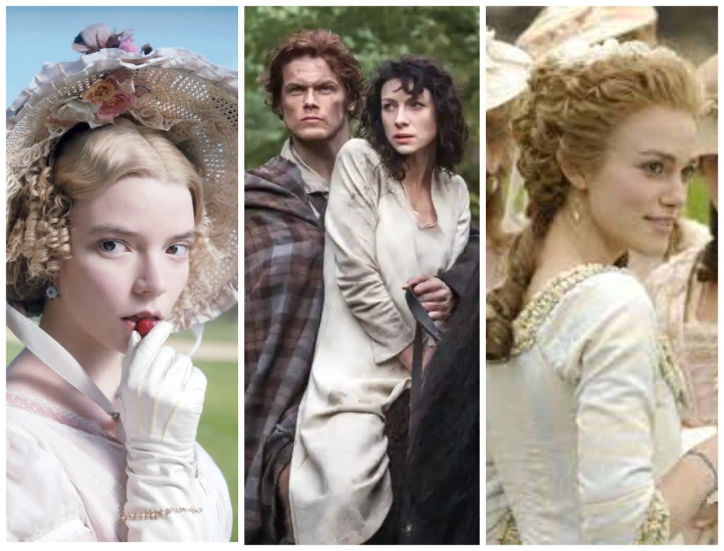 L–R: Emma, Outlander and The Duchess are great watches once you’ve finished Bridgerton  (Focus Films/AP/BBC)