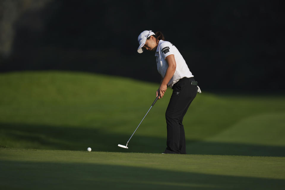 Sei Young Kim, of South Korea, putts on the 16th hole during the third round at the LPGA CPKC Canadian Women's Open golf tournament in Vancouver, British Columbia, Saturday, Aug. 26, 2023. (Darryl Dyck/The Canadian Press via AP)