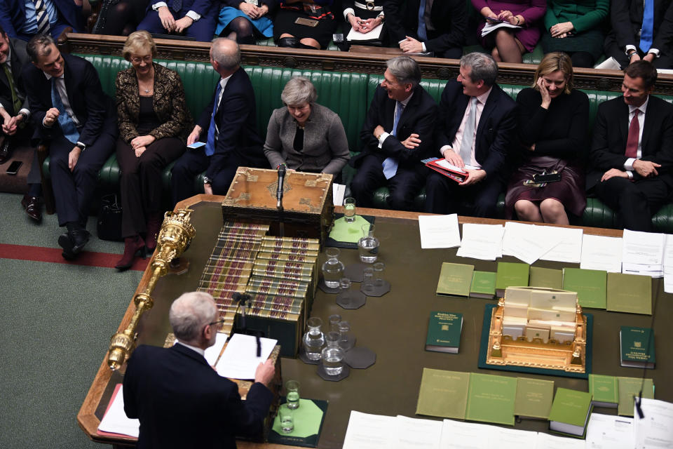 Jeremy Corbyn delivers a speech in the House of Commons. (Jessica Taylor/UK Parliament via AP)