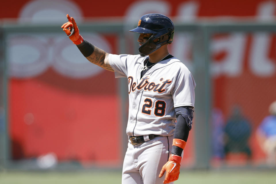 Detroit Tigers' Javier Baez reacts after hitting an RBI double during the seventh inning of a baseball game against the Kansas City Royals in Kansas City, Mo., Wednesday, July 13, 2022. (AP Photo/Colin E. Braley)