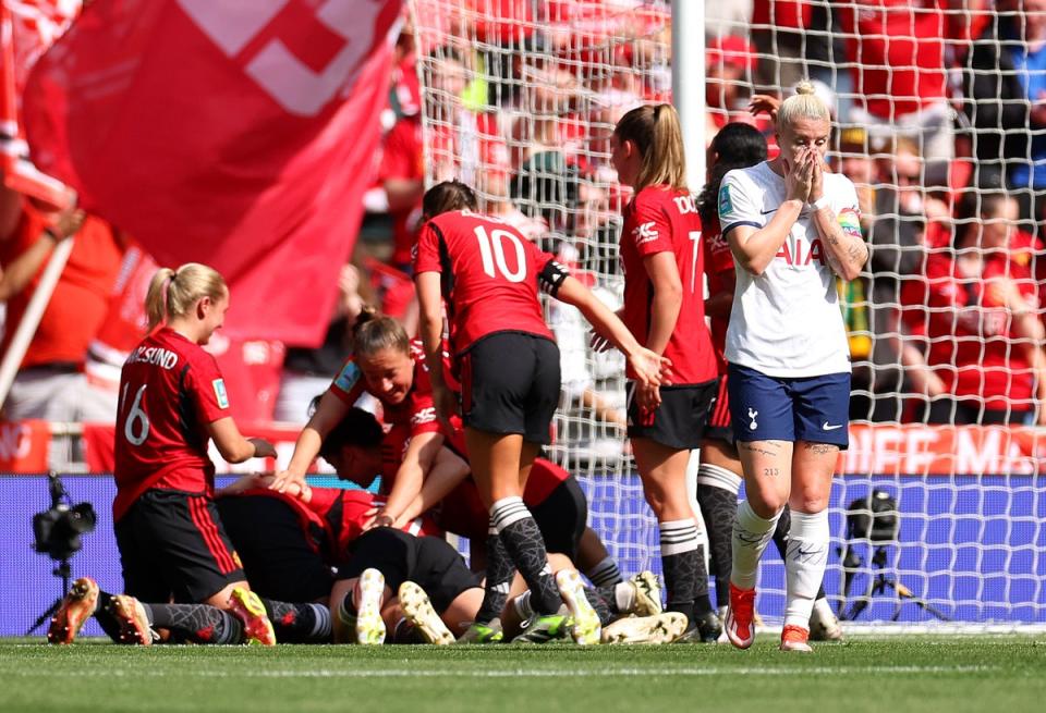 Contrasting emotions: Tottenham proved no match for ruthless Manchester United at Wembley (The FA via Getty Images)